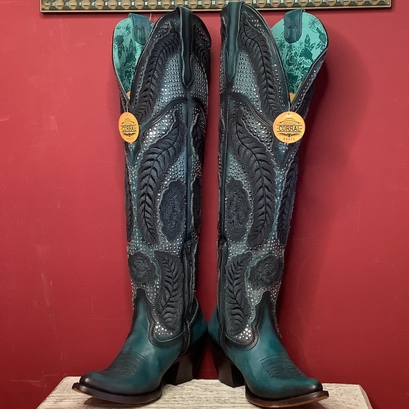 CORRAL Willow Over The Knee Black & Turquoise Western Boots ~3” Heel Inside Zip - Picture 6 of 16